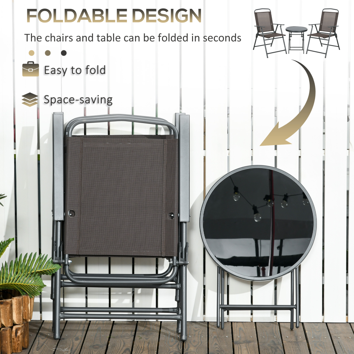 Patio Bistro Set Folding Chairs & Coffee Table for Balcony, Brown