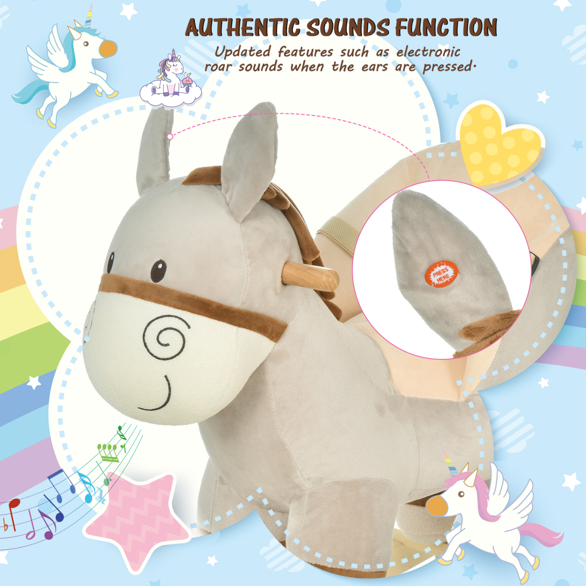 Cute Kids Ride-On Rocking Donkey Sound Handlebars Seat Belt Plush Body