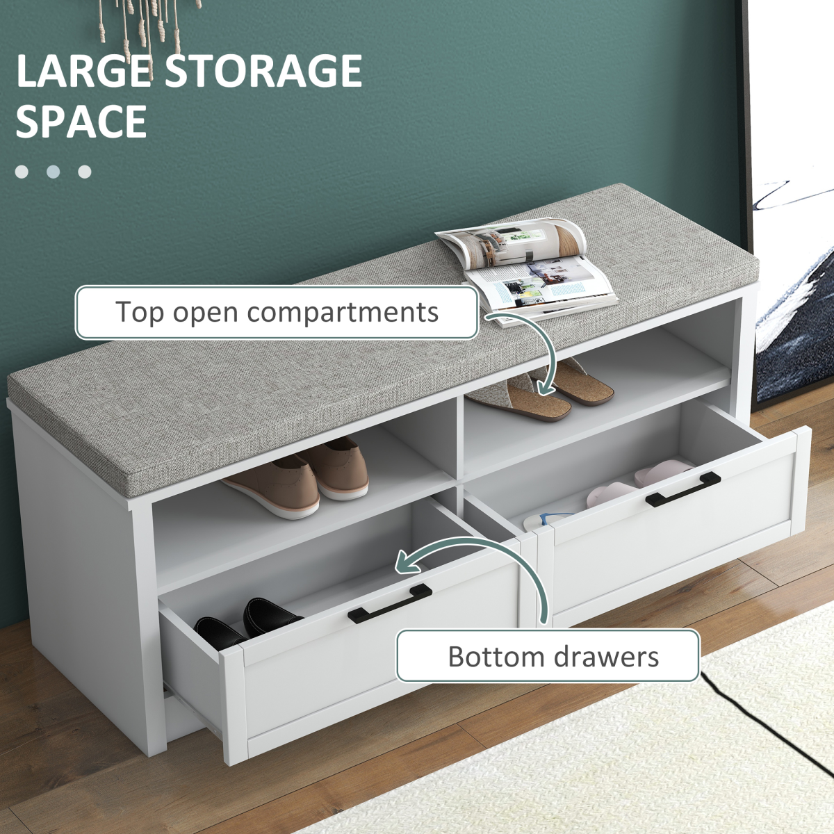 Shoe Bench with Removable Cushion, Open Compartments and Drawers