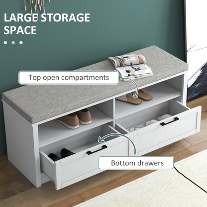 Shoe Bench with Removable Cushion, Open Compartments and Drawers