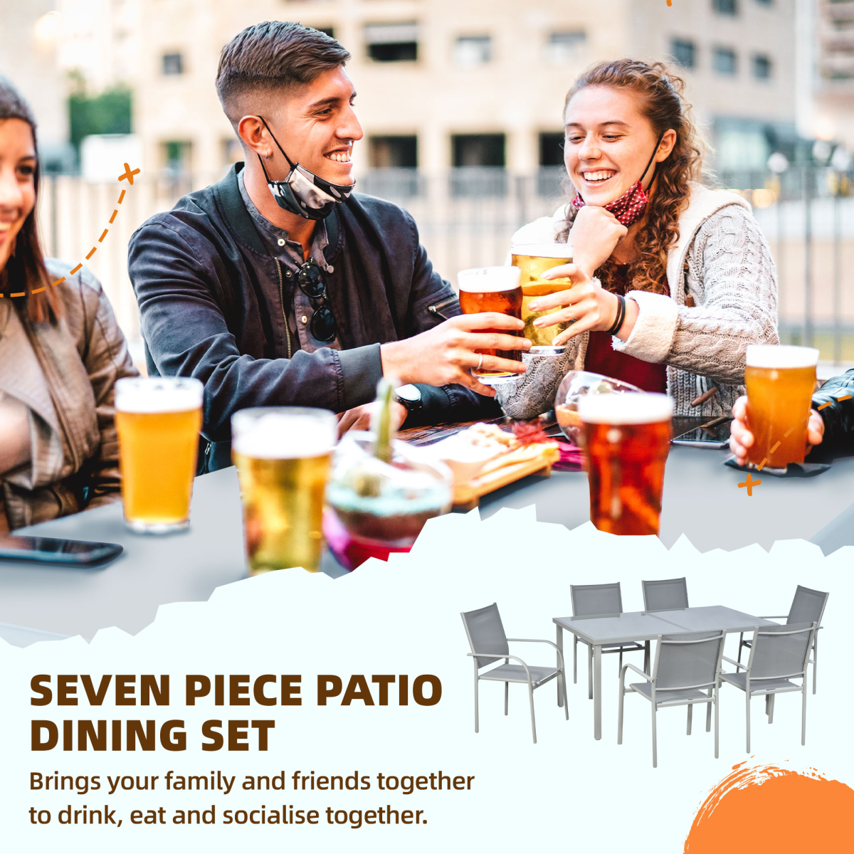 7 Piece Garden Dining Set, Steel Outdoor Table and Chairs, Grey