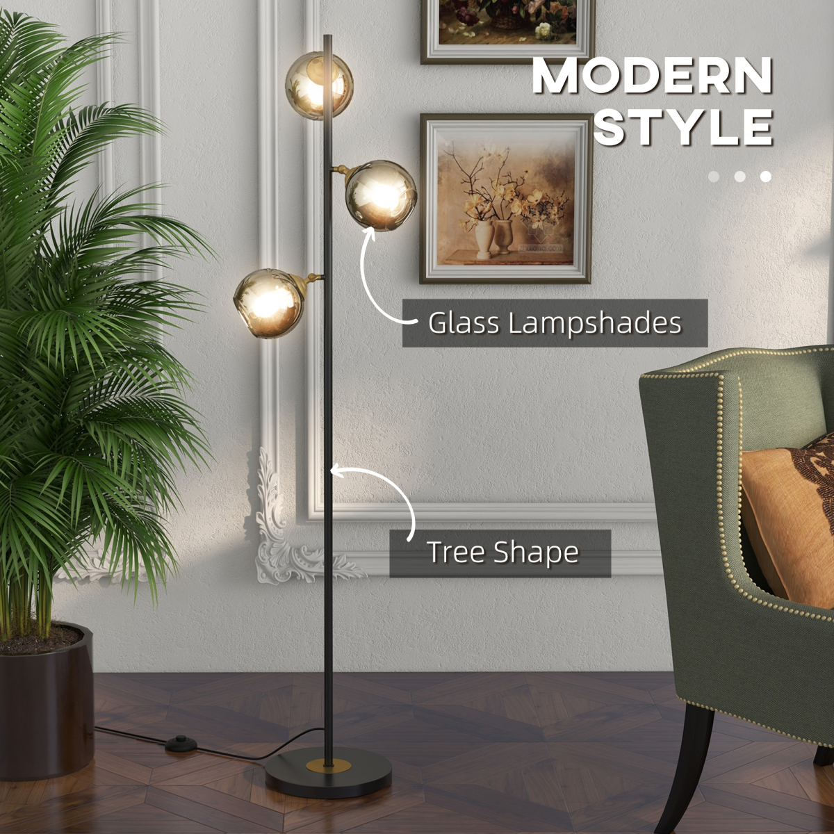 Modern Floor Lamp with Glass Global Shade, 3 Light, for Living Room
