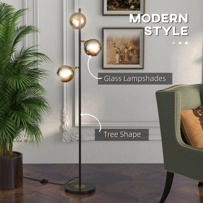 Modern Floor Lamp with Glass Global Shade, 3 Light, for Living Room