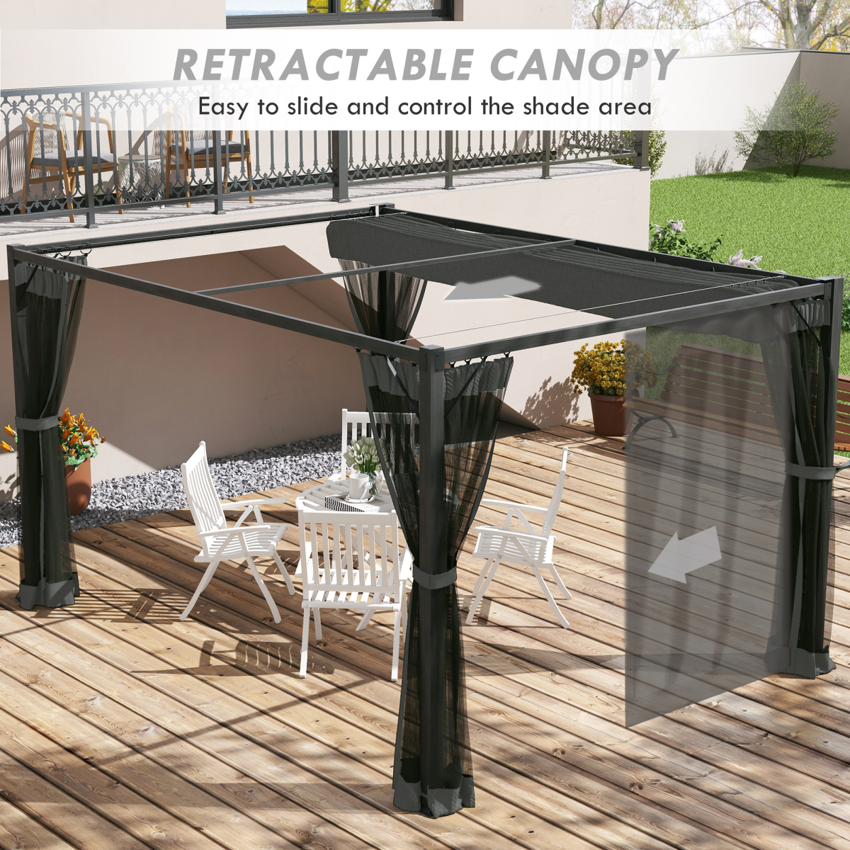 3 x 4m Pergola with Retractable Roof and Netting, Dark Grey
