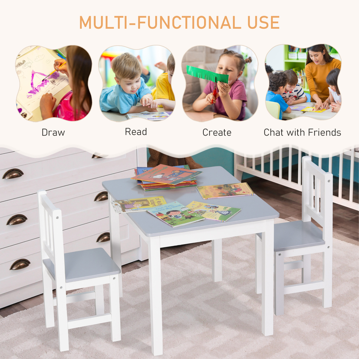 Kids Table and 2 Chairs Set 3 Pieces Toddler Multi-usage Desk Indoor
