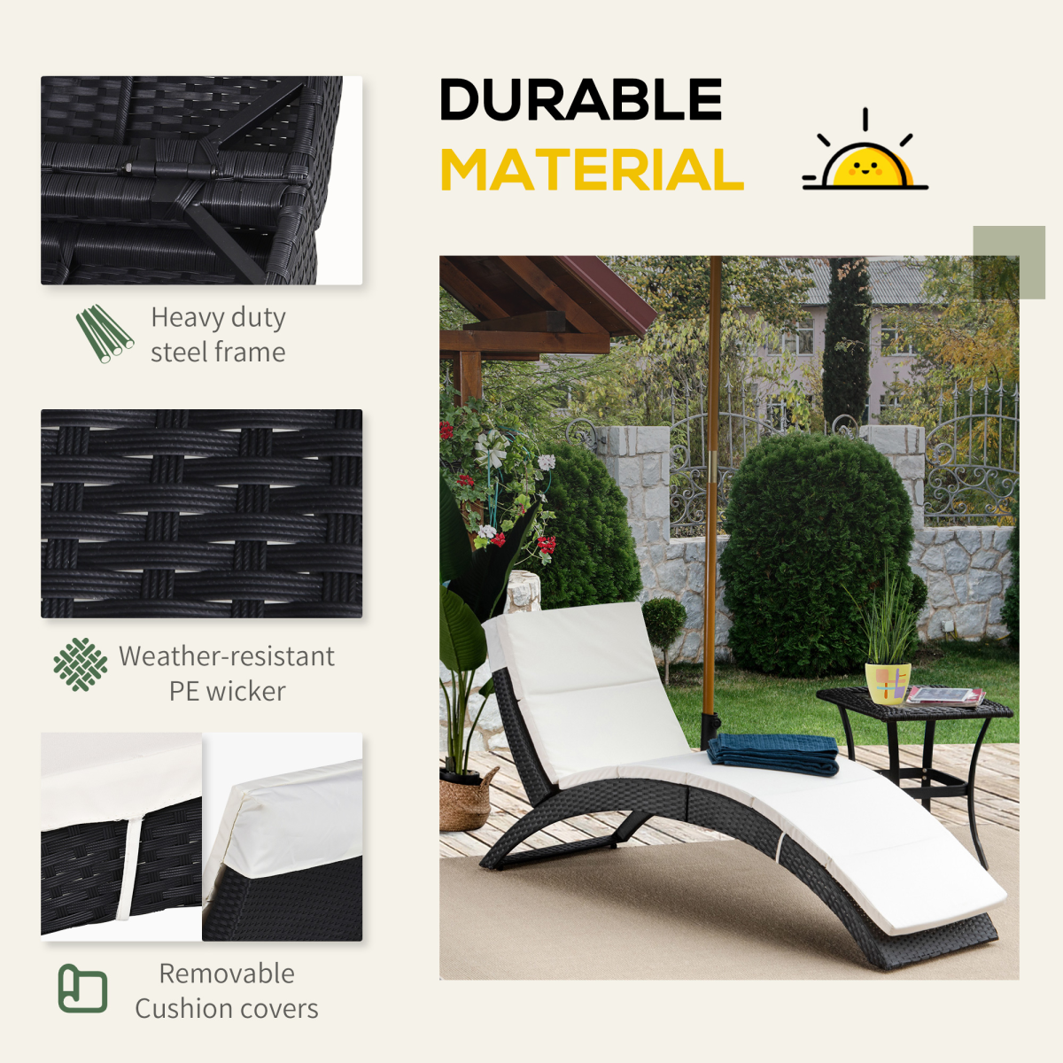 Sun Lounger Rattan Hammock Sun Bed Garden Folding Recliner Chair w/ Cushion