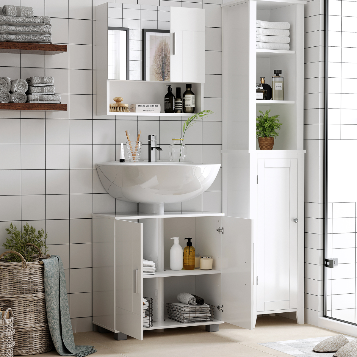 Bathroom Mirror Cabinet Wall Mount Storage Organizer w/ Door, White
