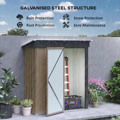 5 x 3ft Steel Garden Shed Lean To Storage with Adjustable Shelves Brown