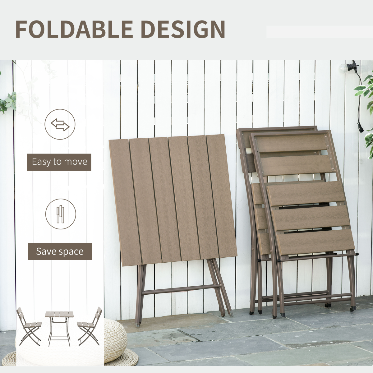 Outsunny 3 PCS Foldable Garden Bistro Set Folding Table And Chairs Set, Grey