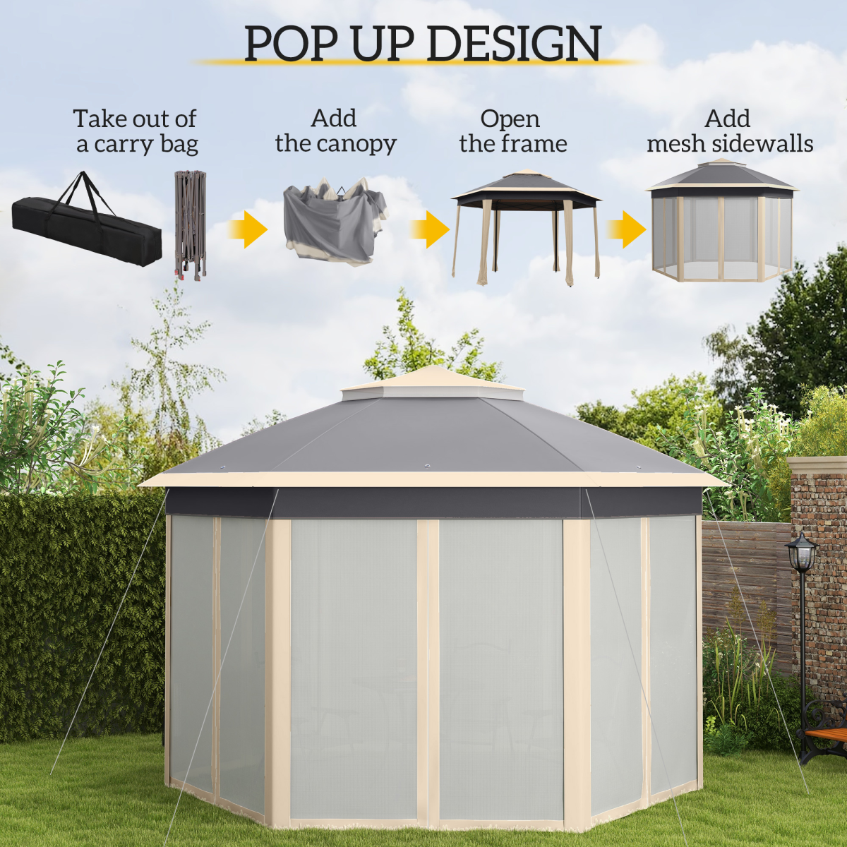 3x4m Hexagon Gazebo w/ Metal Frame Mesh Curtains Outdoor Garden, Khaki
