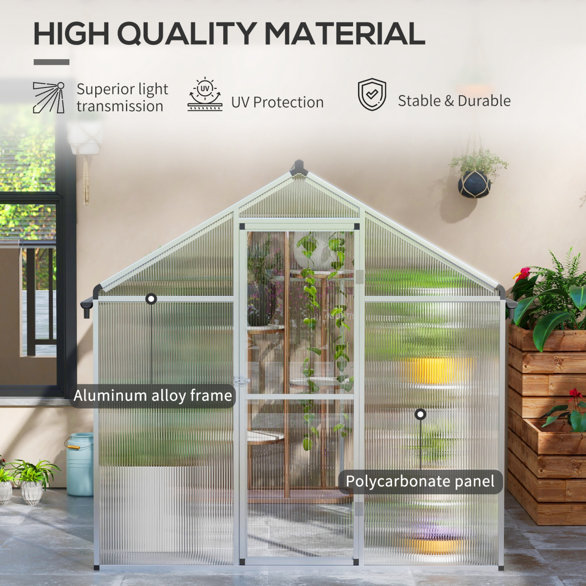 8x6ft Aluminium Greenhouse with/ Door Window Galvanised Base PC Panel