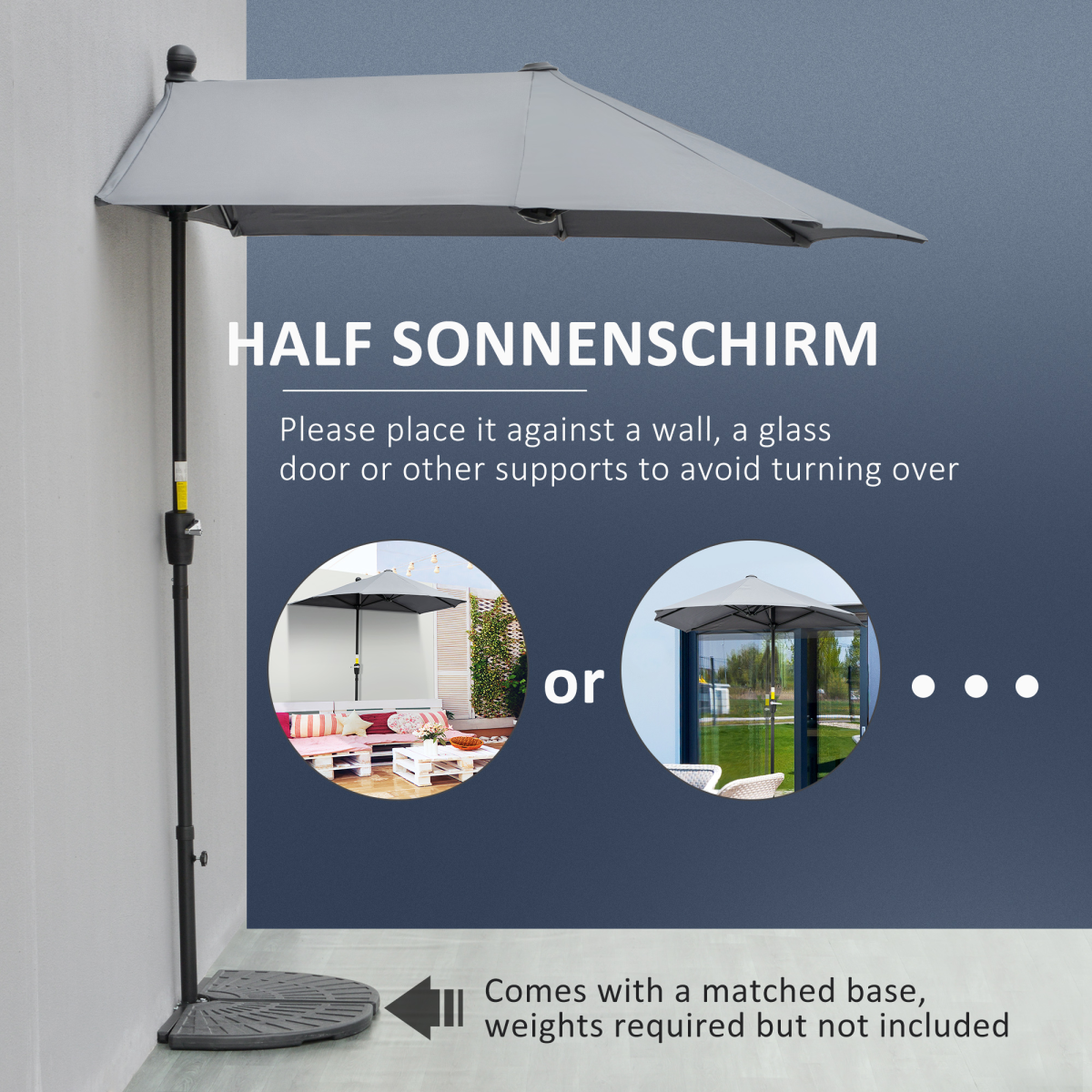 2m Half Garden Parasol Market Umbrella w/ Crank Handle, Base Dark Grey