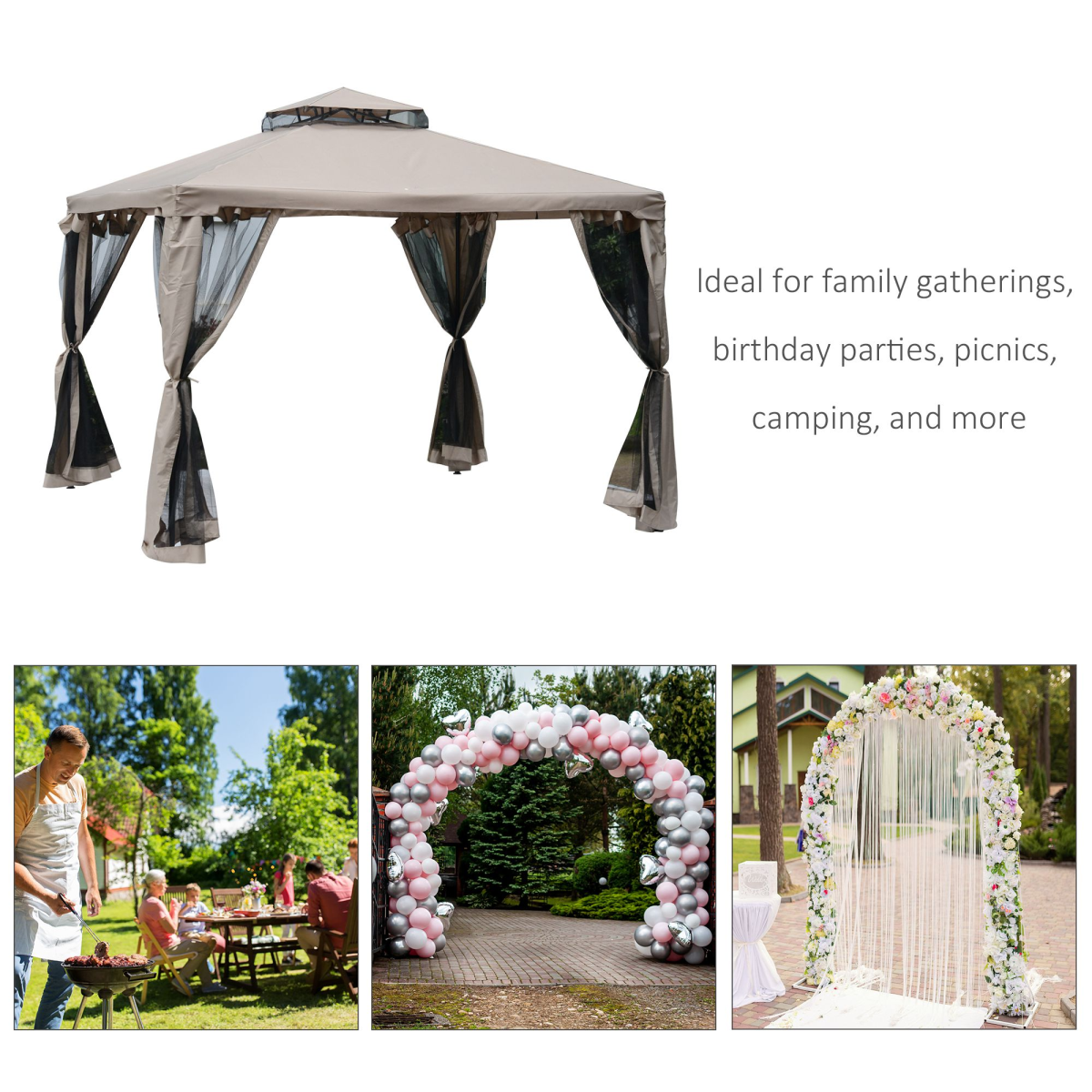 Outdoor Gazebo, 2-tier Roof W/Netting, 295L x 295W x 263Hcm-Taupe
