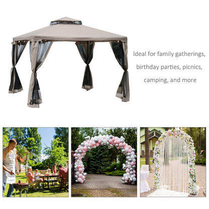Outdoor Gazebo, 2-tier Roof W/Netting, 295L x 295W x 263Hcm-Taupe
