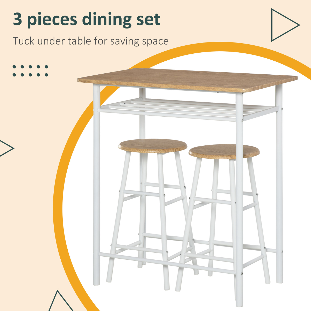 3Pc Bar Height Dining Furniture SetWhite and Oak 3-Piece Kitchen