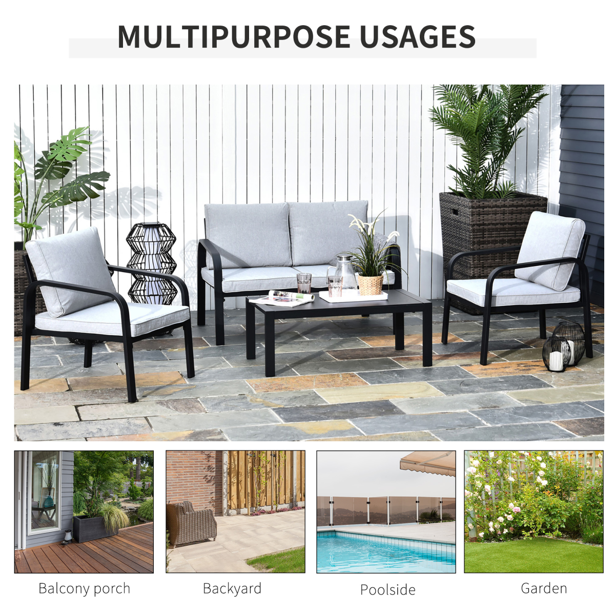 4 Pcs Garden Dining Set & 2 Chairs Sofa Glass Top Table Foam Cushions Grey Black