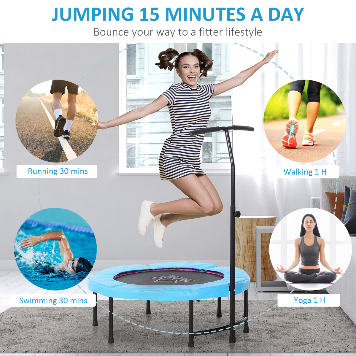 40'' Kids Mini Trampoline, Adult Rebounder Jumper w/ Handle Fitness