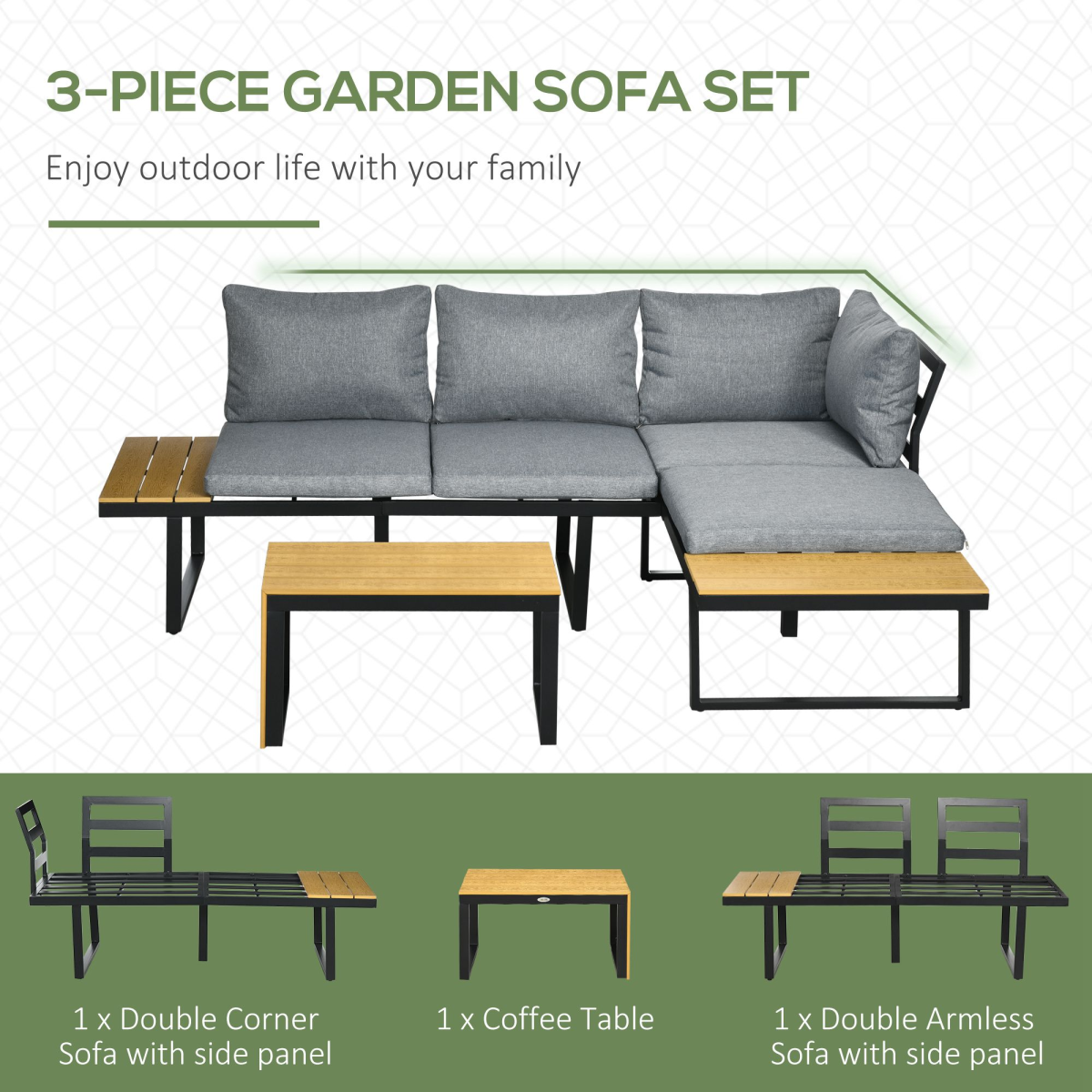 3PCs Patio Furniture Set w/ Cushions, Wood Grain Plastic Top Table