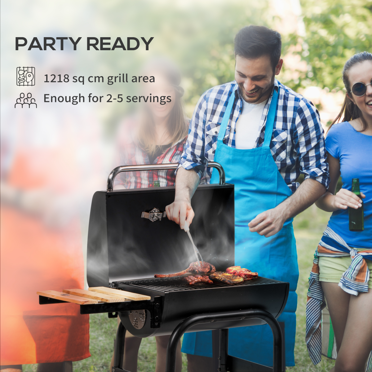 Charcoal Barbecue BBQ Grill Trolley W/ Shelves, Lid and Thermometer