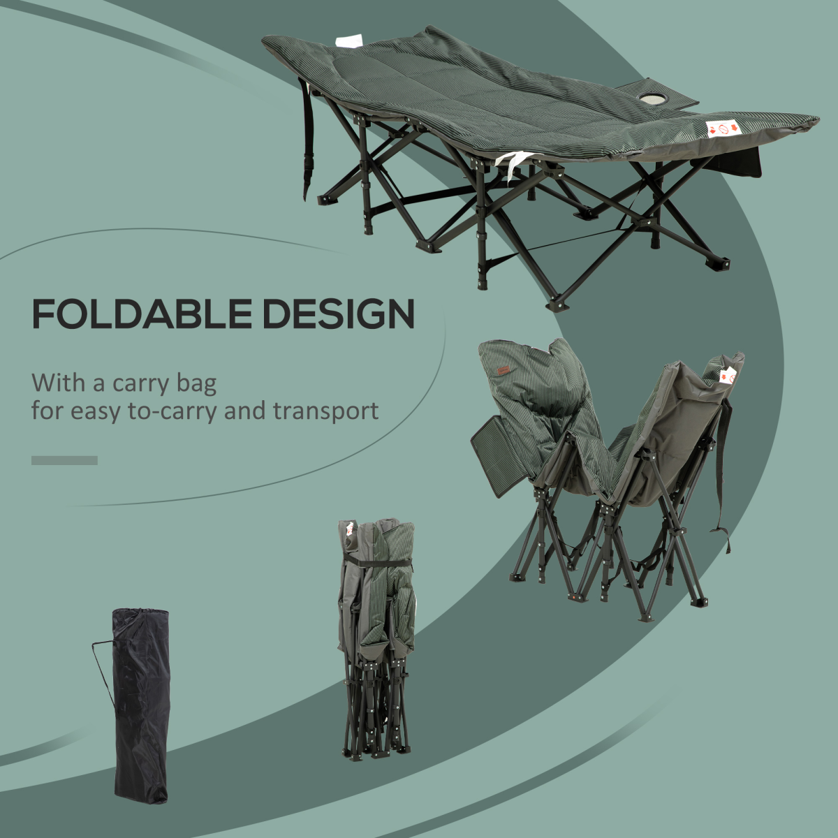 Camping Bed w/ Carry Bag, Magazine Bag & Cup Holder, Grey
