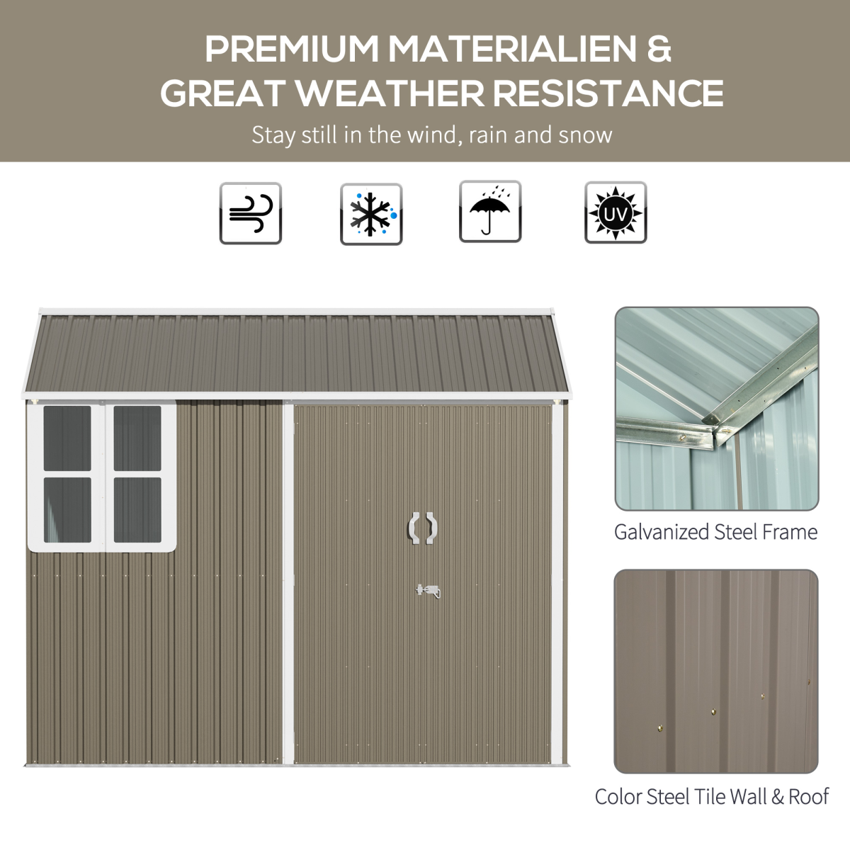 8x6ft Metal Garden Shed Outdoor Storage Shed w/ Doors Window, Grey