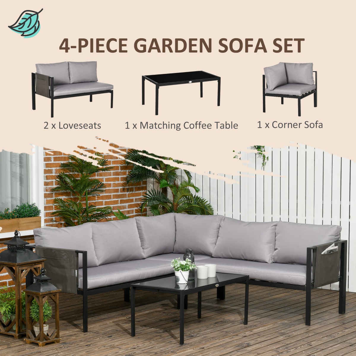 Garden Furniture Set w/ Breathable Mesh Pocket, Light Grey 4 Piece