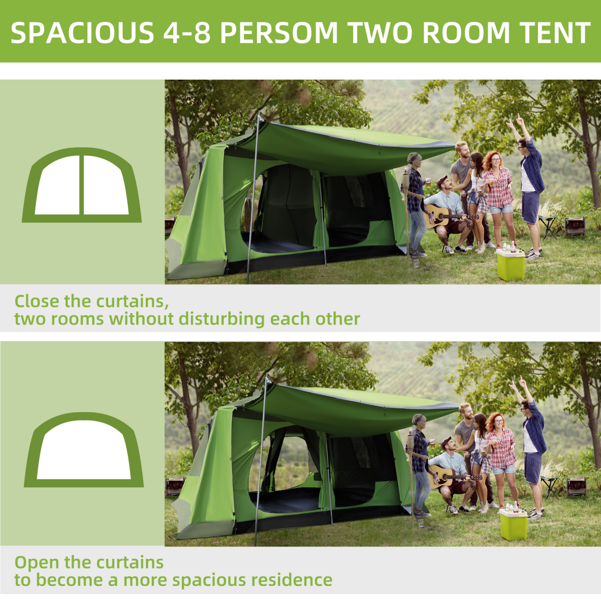 Two Room Dome Tent Camping Shelter w/ Porch and Portable Carry Bag