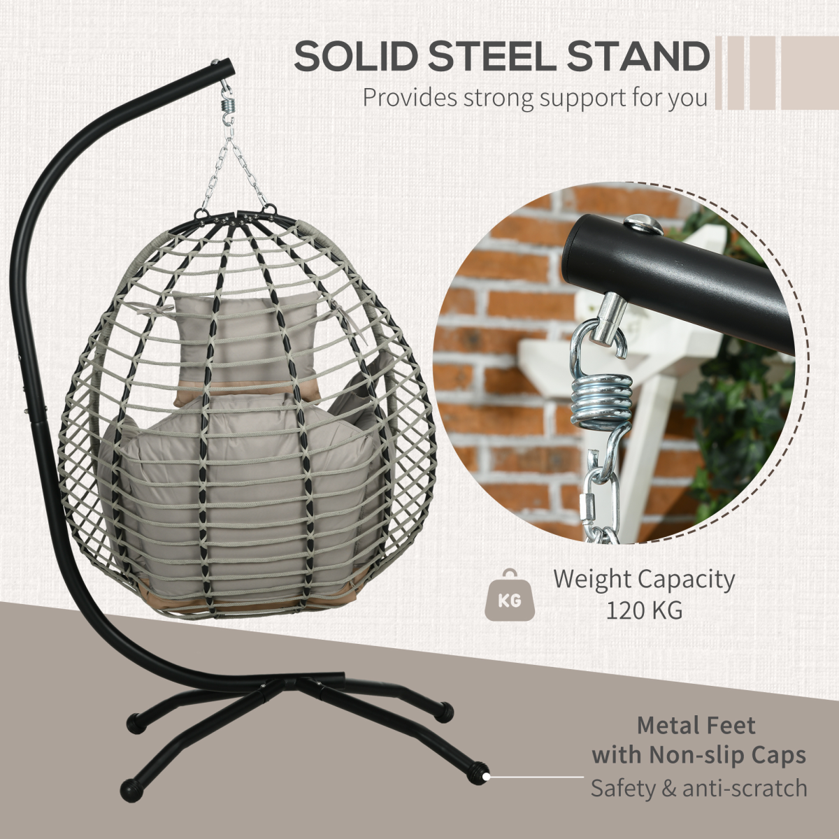 Hanging Swing Chair with Thick Cushion, Patio Hanging Chair, Grey