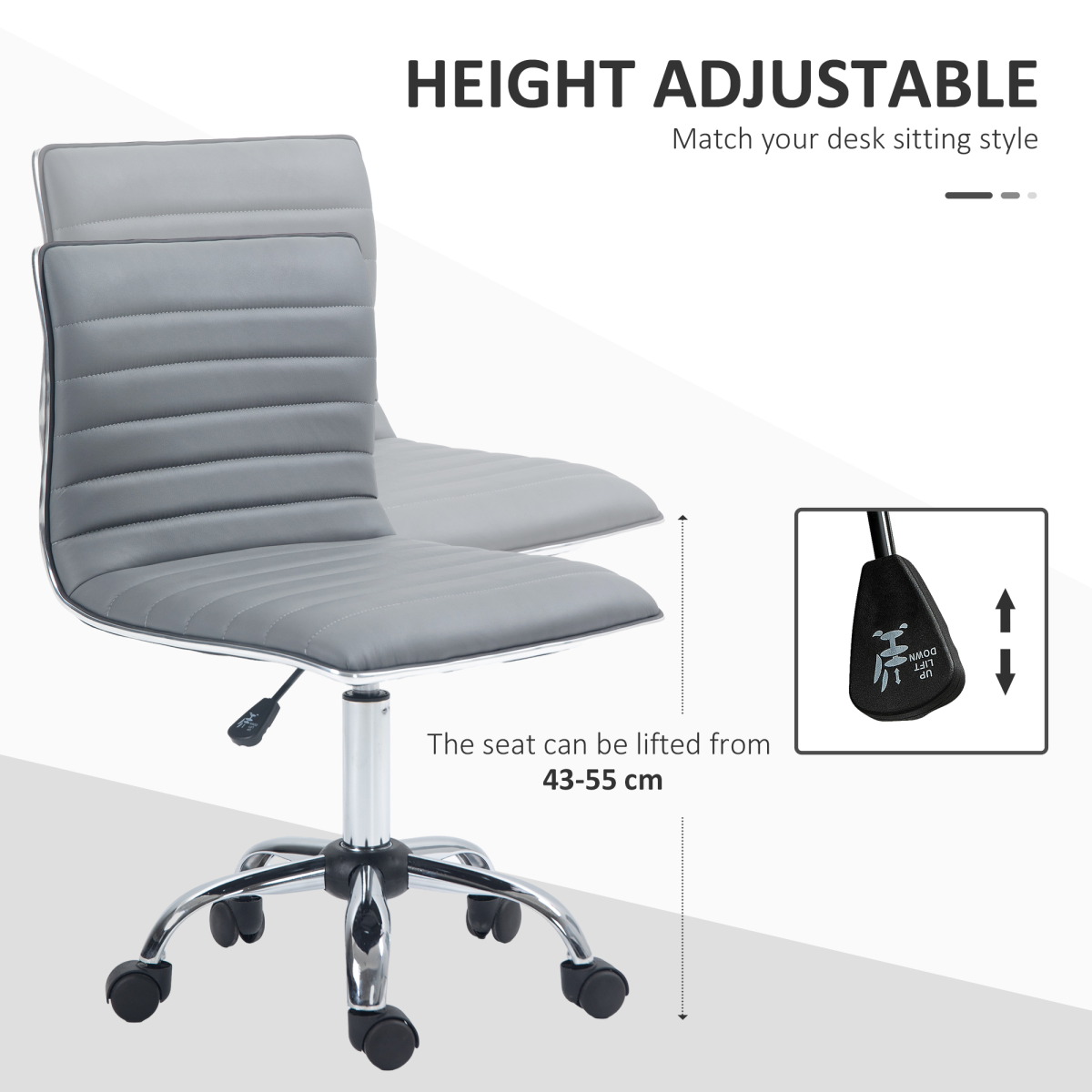 Armless Mid-Back Adjustable Office Chair with 360 Swivel Light Grey