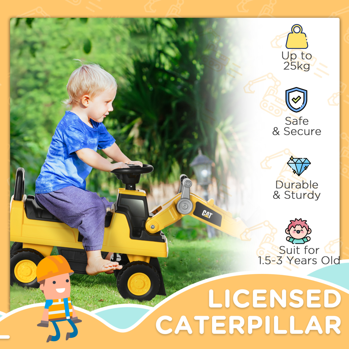 CAT Licensed Kids Construction Ride-On w/ Manual Shovel, for 1-3 Years