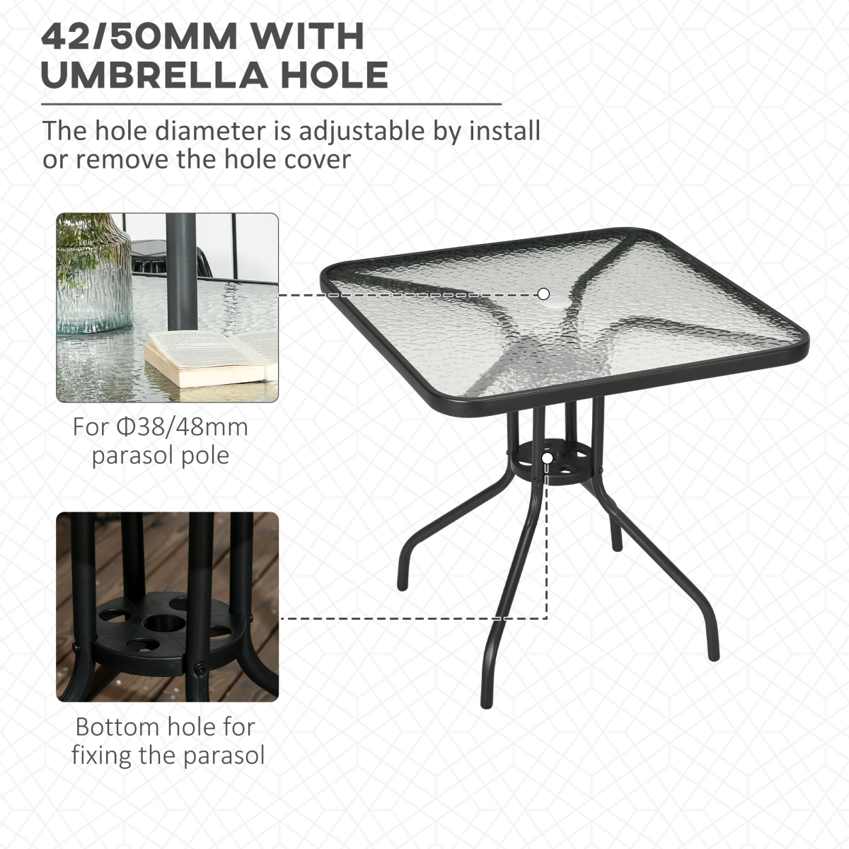 Square Patio Table, Tempered Glass Top Garden Dining Table 76 x 76cm