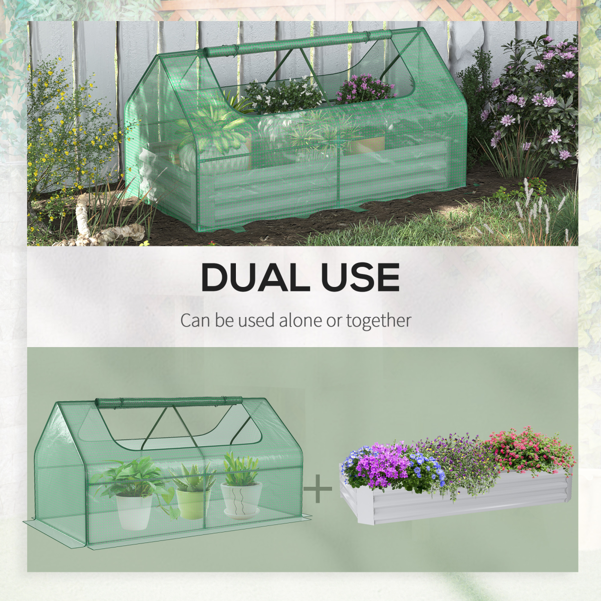 Raised Garden Bed Planter Box with Greenhouse, Large Window, Green