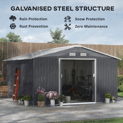 13 x 11FT Foundation Ventilation Steel Outdoor Garden Shed Grey