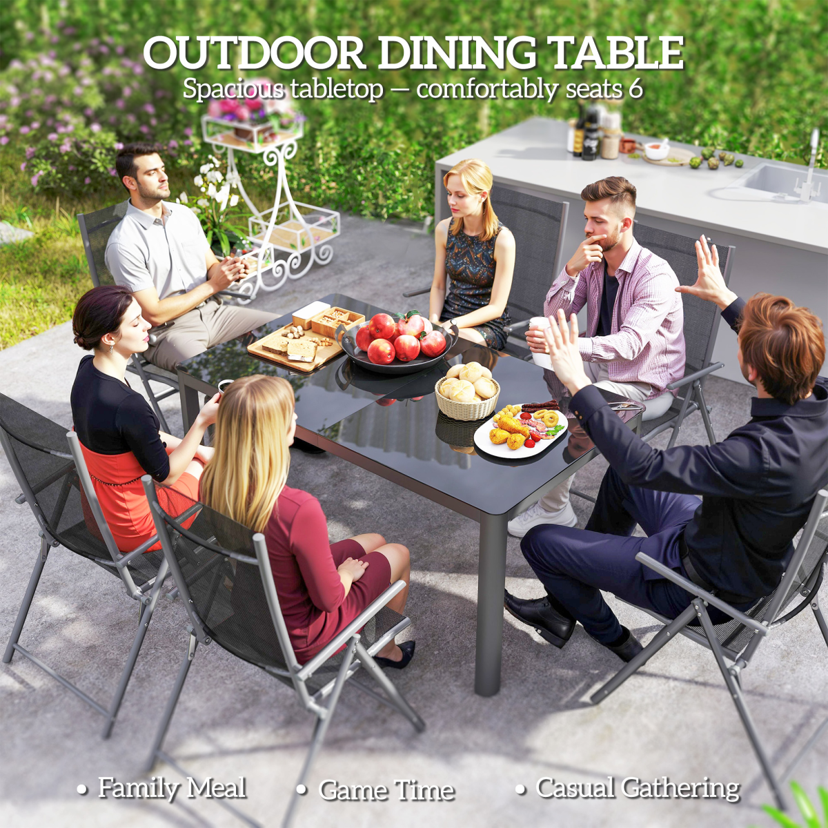 Outdoor Dining Table for 6 with Glass Top, Aluminium Frame, Grey