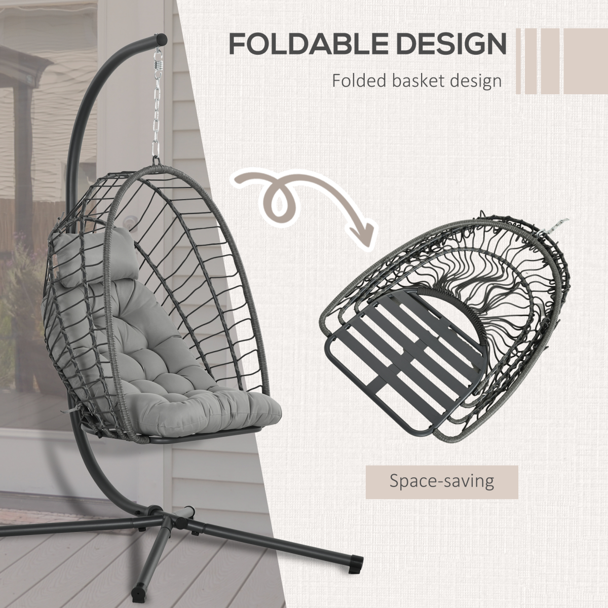 PE Hanging Swing Chair w/ Thick Cushion, Patio Hanging Chair, Grey