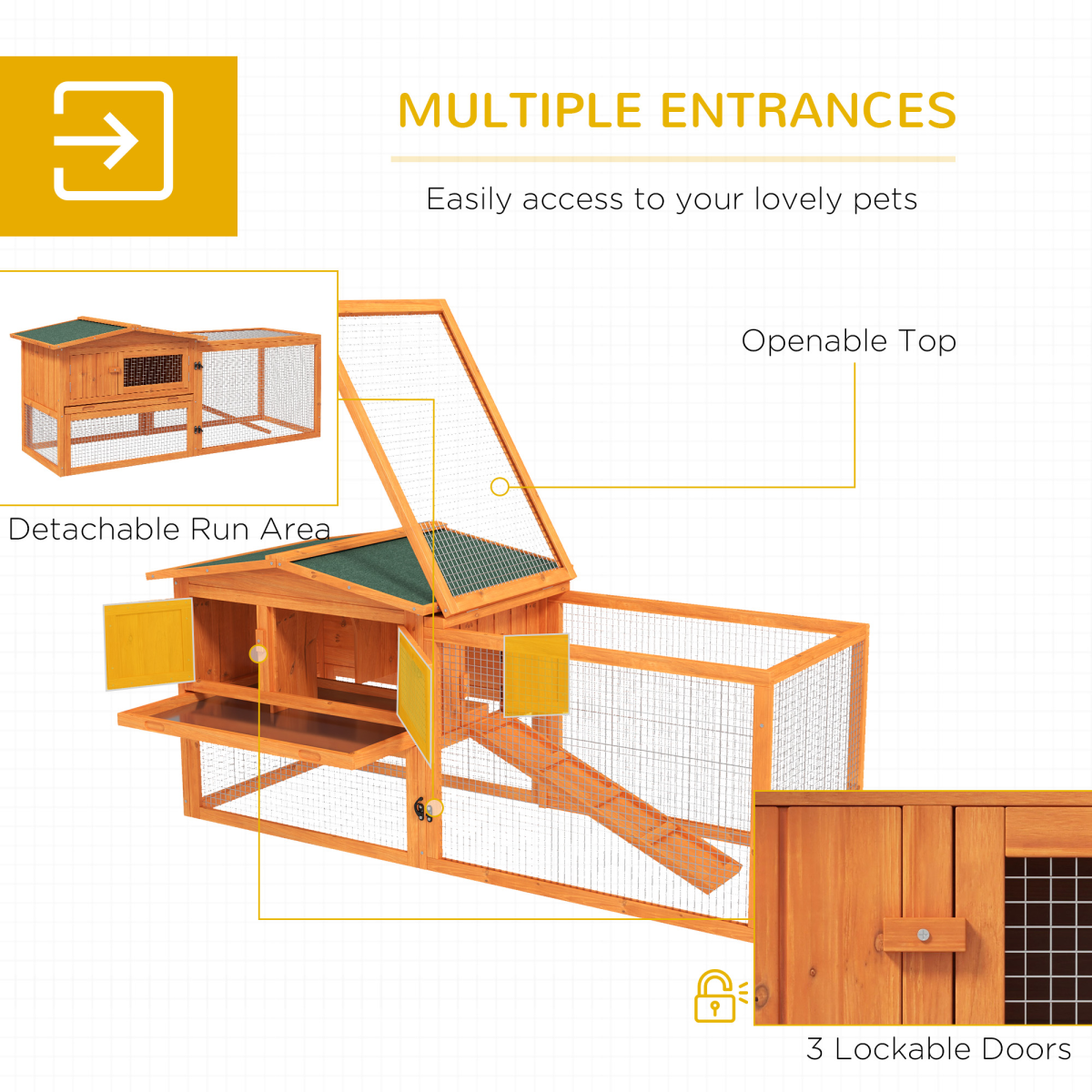 Rabbit Hutch and Run Outdoor Sliding Tray Hay Rack Ramp, 156x58x68 cm
