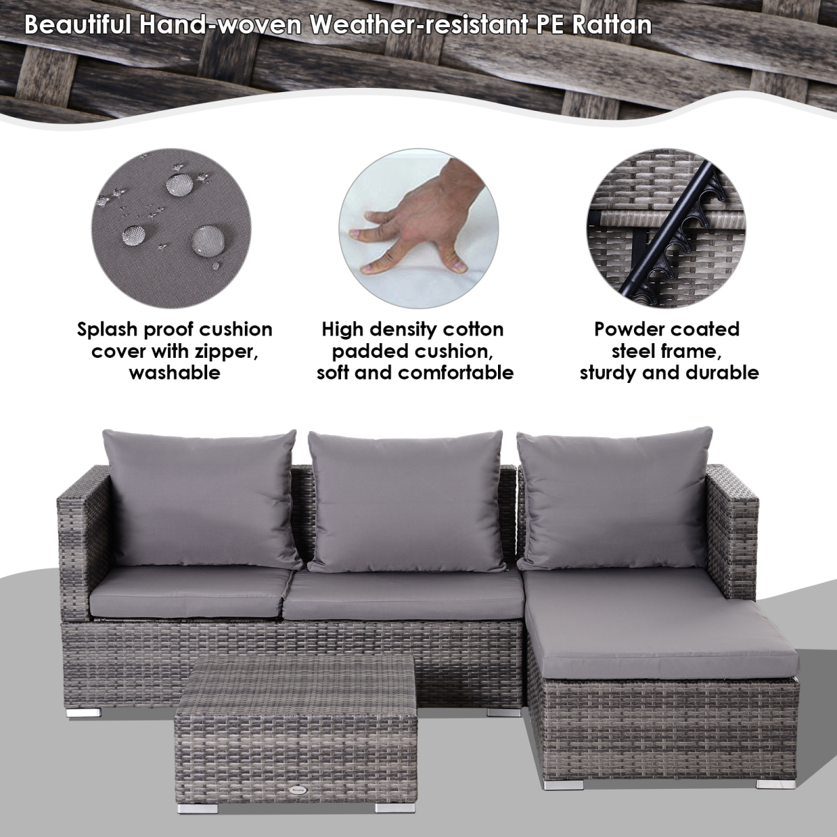 Rattan Garden Sofa Set Storage Table Wicker Patio Lounger 4-Seater Grey