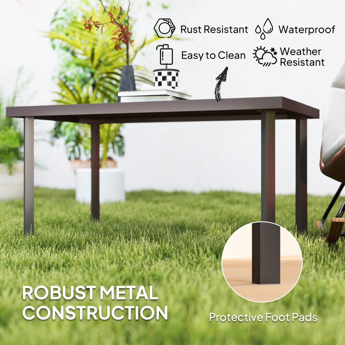 Metal Garden Coffee Table with Woodgrain Tabletop, Brown