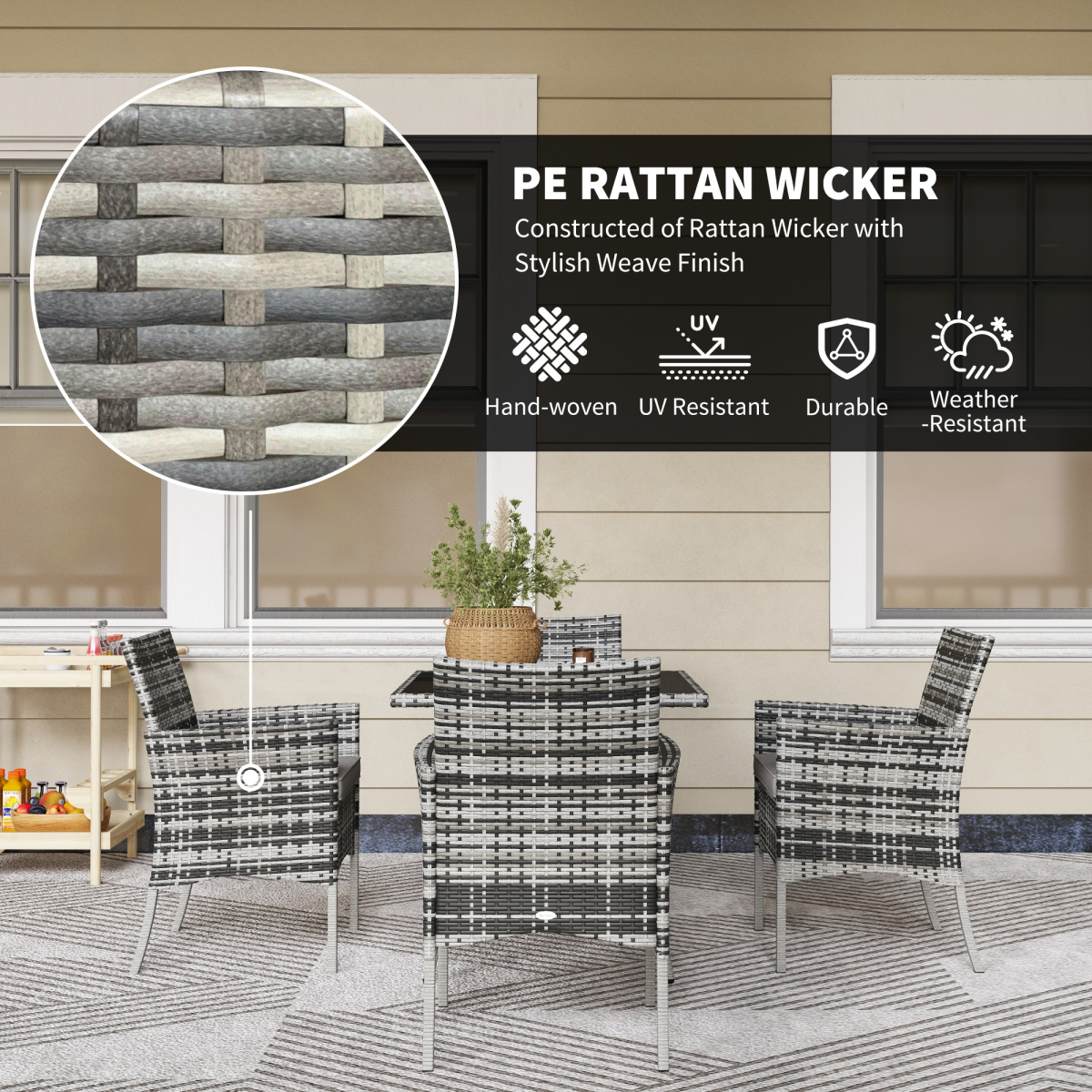 4 Seater Rattan Garden Furniture Set w/ Tempered Glass Tabletop - Grey