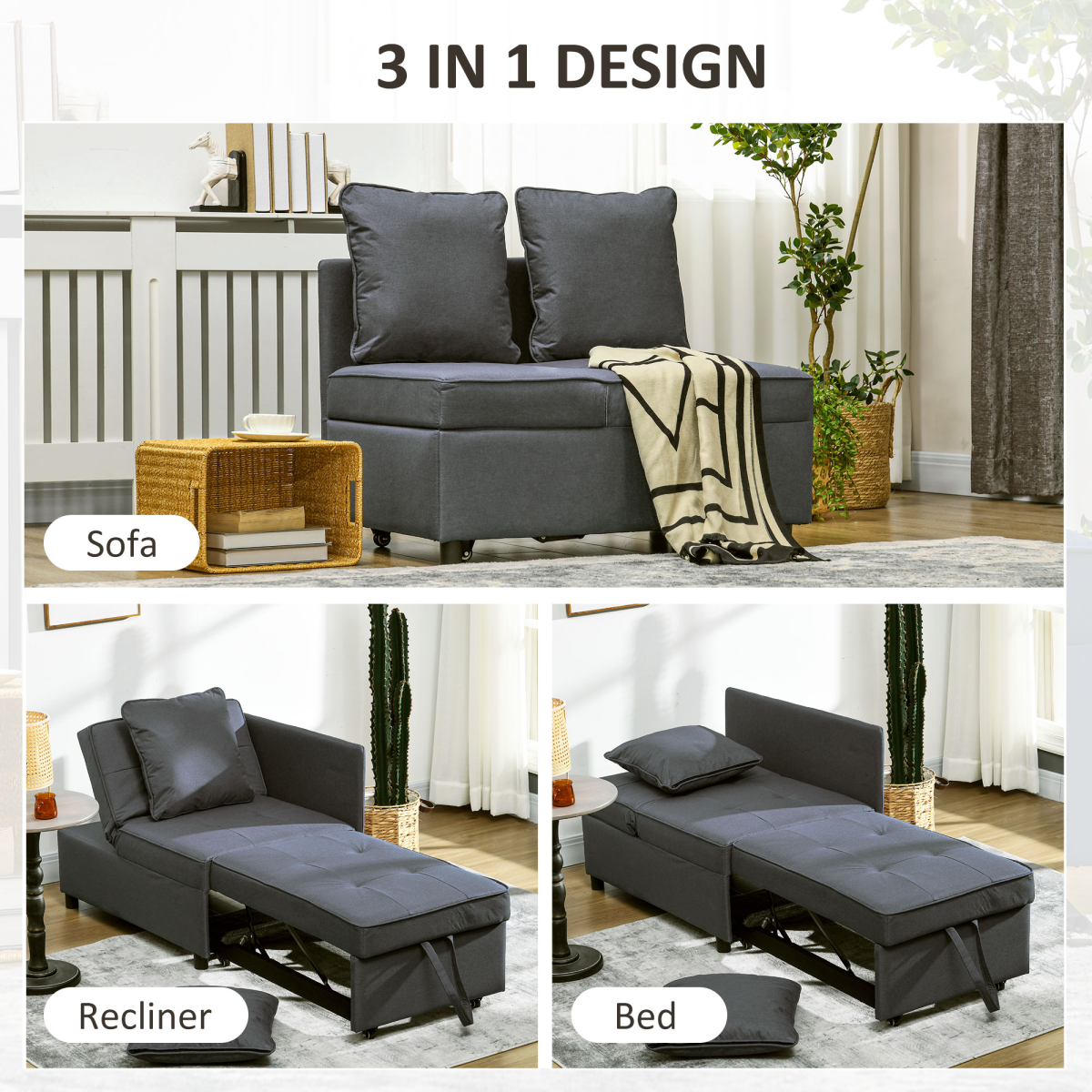 Folding Sleeper Sofa Bed Chair with Pillows, Pocket, Grey