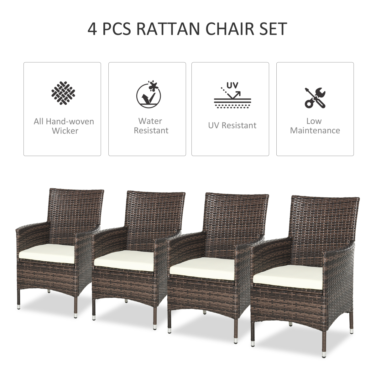 4 PC Outdoor Rattan Armchair Wicker Dining Chair Set for Garden Brown
