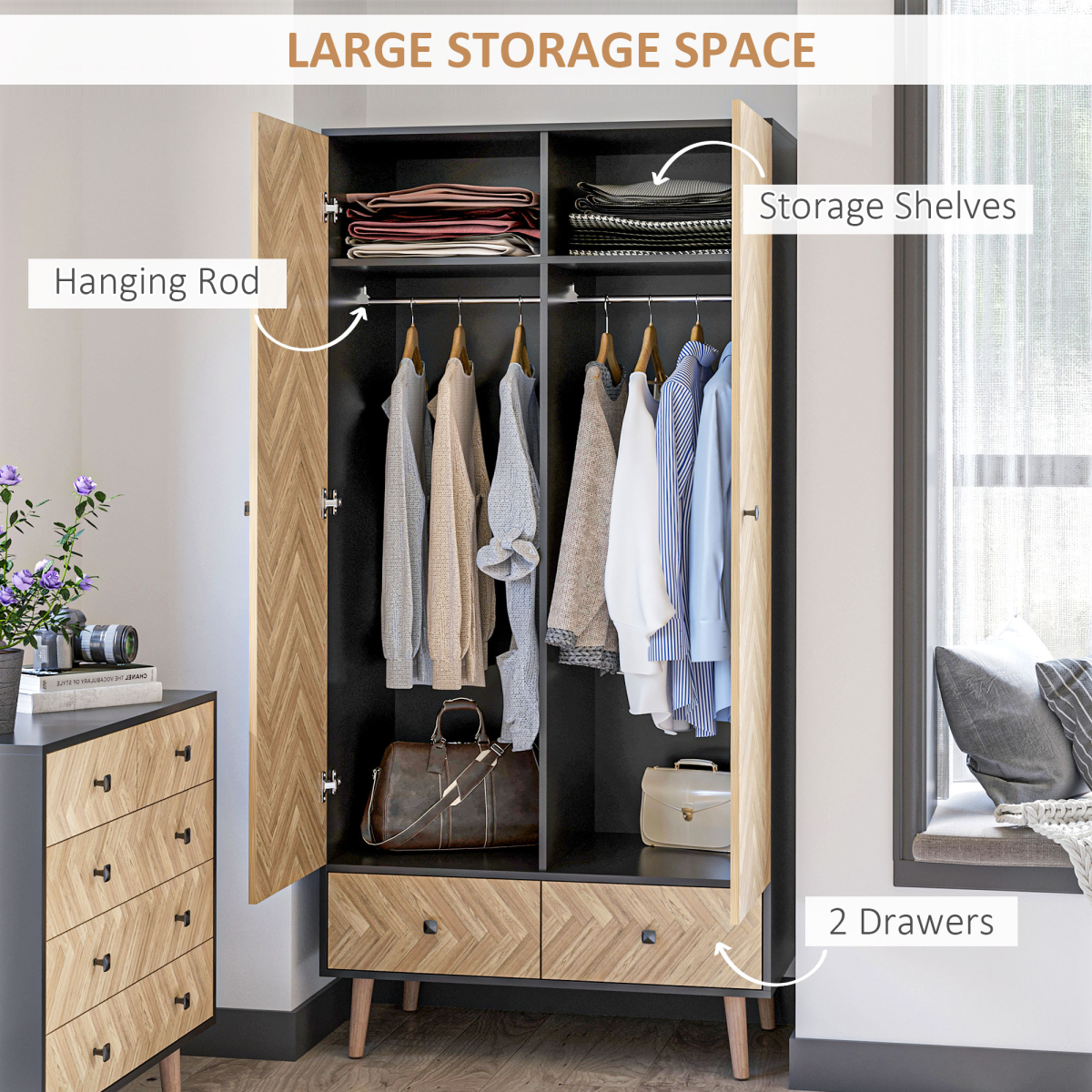 Wardrobe Cabinet Wood Grain 90x50x190cm-Grey/Oak