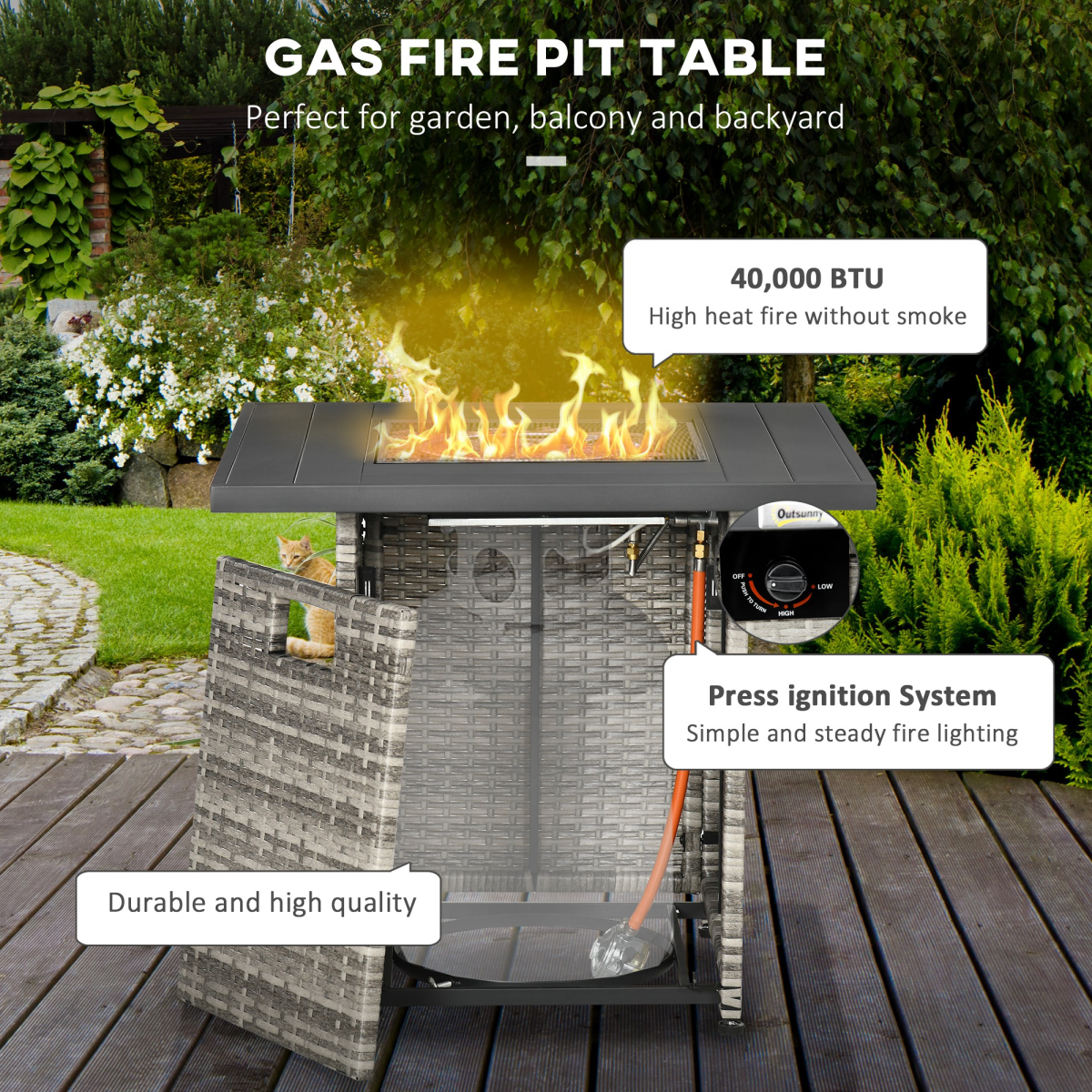 Gas Fire Pit Table w/ Rain Cover, Mesh Lid & Lava Stone, 40,000 BTU