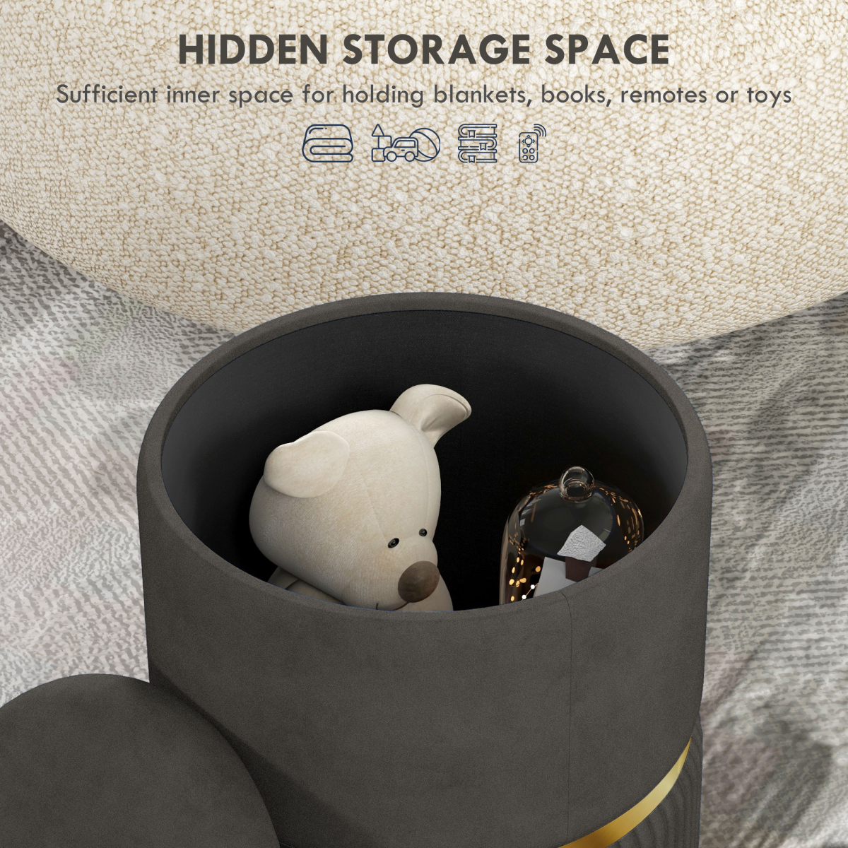Round Pouffe, Storage Footstool with Cushioned Top, Hidden Space