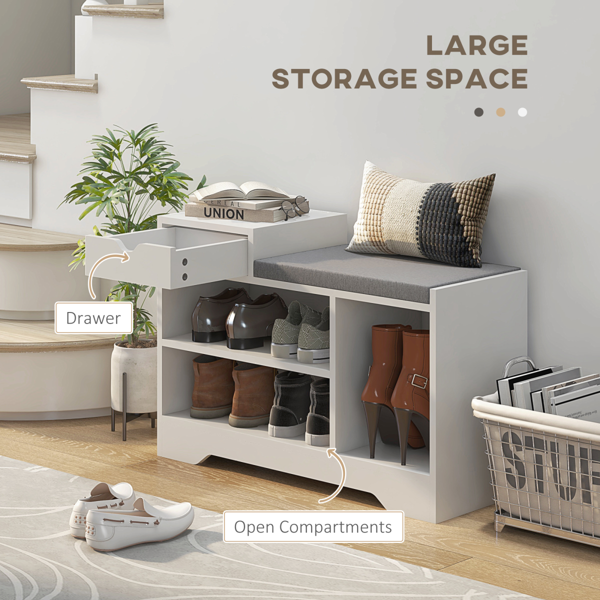 Upholstered Entryway Shoe Bench with Storage Drawer Open Shelf White