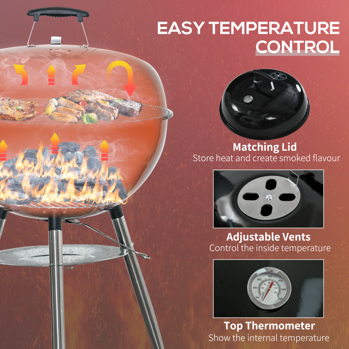 Portable Kettle Charcoal Grill BBQ Smoker w/ Cover, Lid, & Thermometer