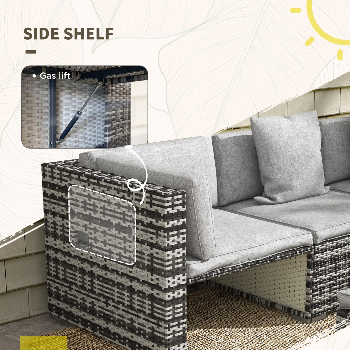 7 PCs Rattan Garden Furniture Set with Side Shelf, Stools, Table, Grey