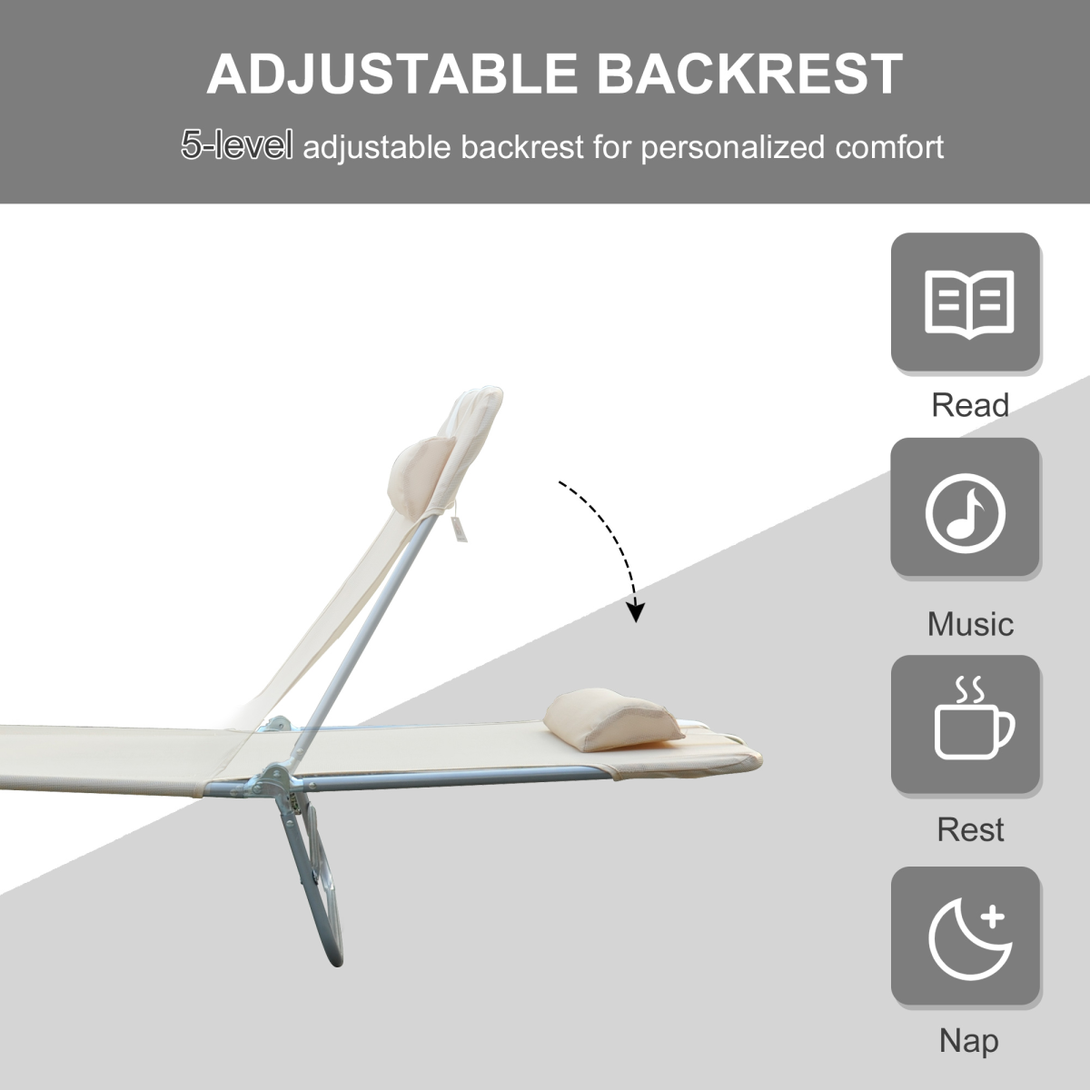 Adjustable Sun Bed Garden Lounger Recliner Relaxing Camping Beige