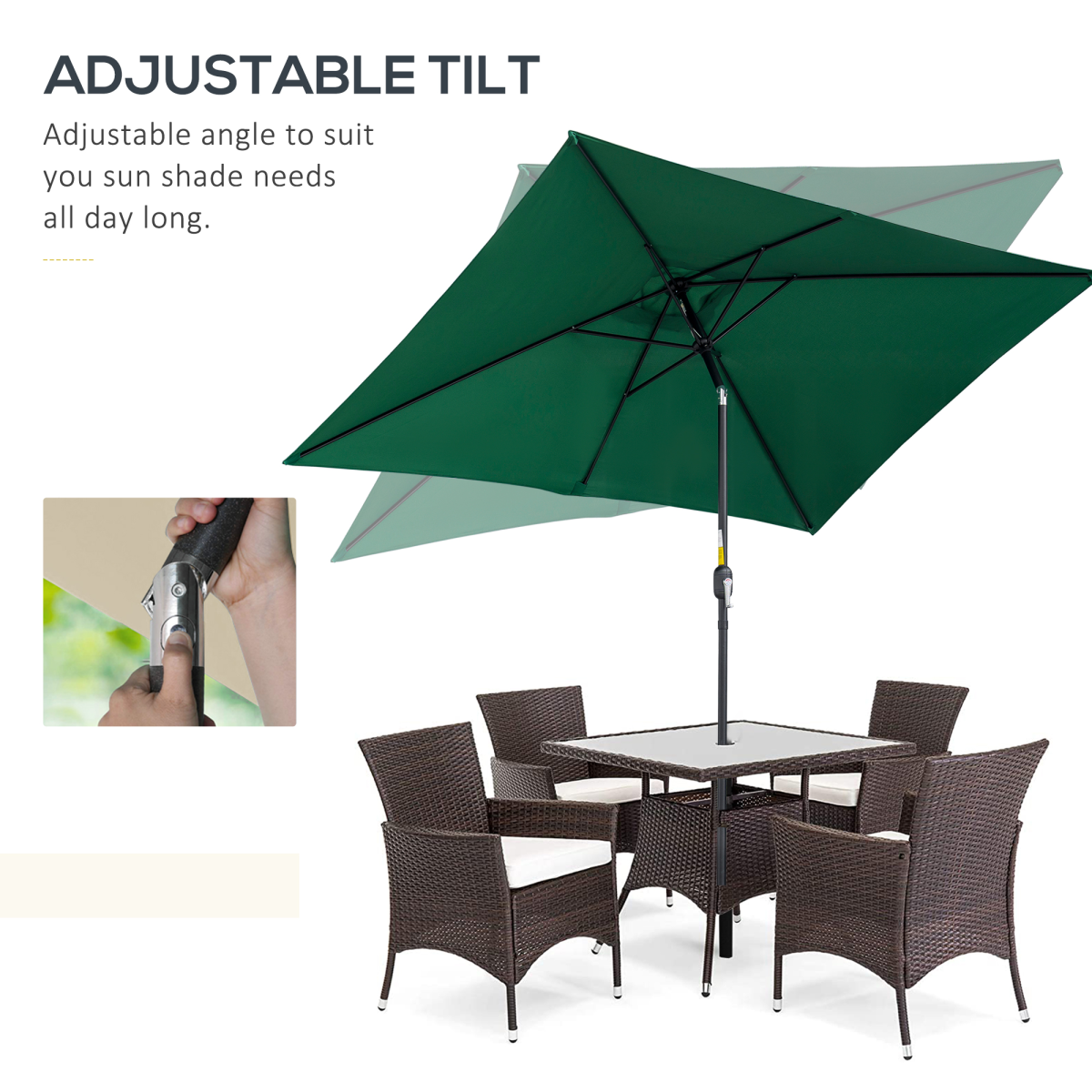 3x2m Patio Parasol Canopy Tilt Crank 6 Ribs Sun Shade Garden Green