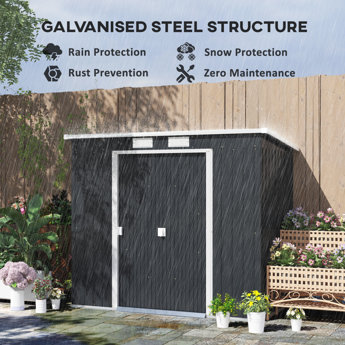 7 x 4ft Metal Garden Storage Shed w/ Double Door Dark Grey